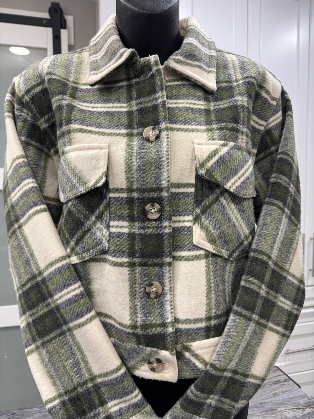 George Womenโs Plaid Shacket Jacket | Womenโs XS | Green, Cream & Charcoal